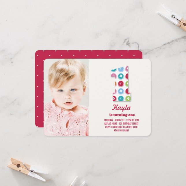 Fuzzy Daisies Color Dots 1st Birthday Party Photo Invitation (Front/Back In Situ)