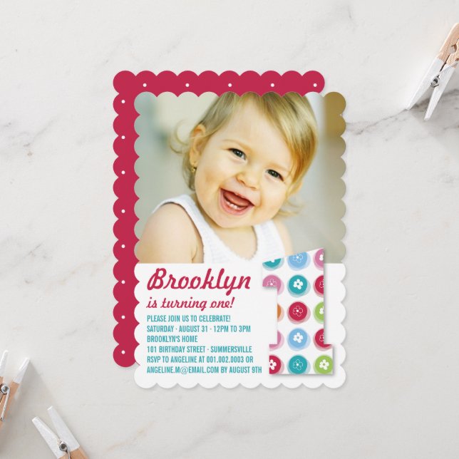 Fuzzy Daisies Color Dots 1st Birthday Party Photo Invitation (Front/Back In Situ)