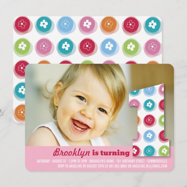 Fuzzy Daisies Color Dots 1st Birthday Party Photo Invitation (Front/Back)