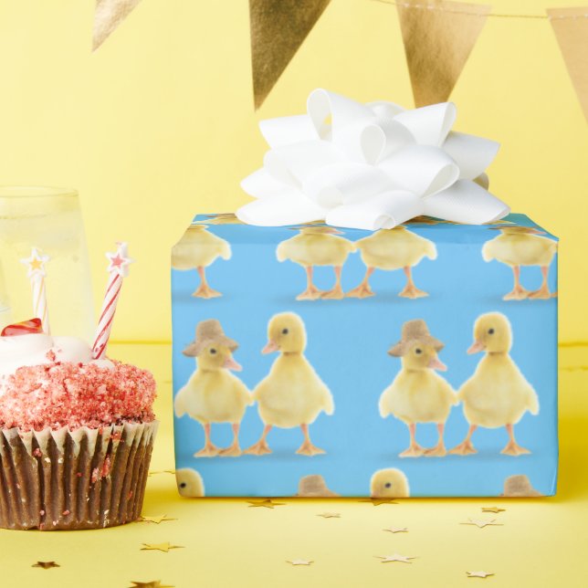 Fuzzy Duckling Couple On Blue Wrapping Paper (Birthday Party)