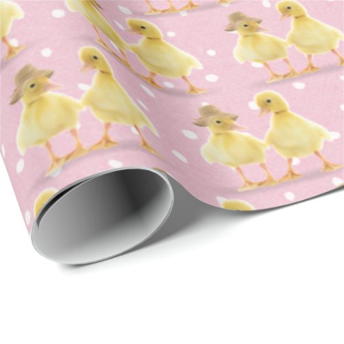 Fuzzy Duckling Couple On Polka Dots Wrapping Paper