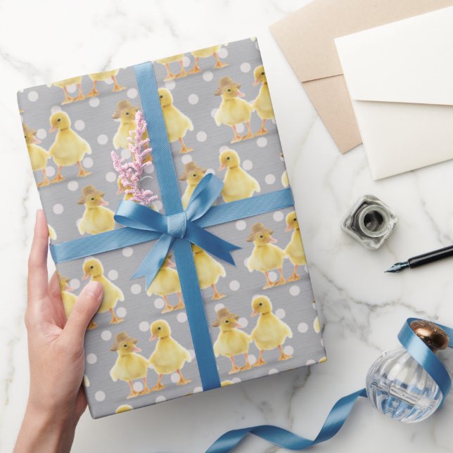 Fuzzy Duckling Couple On Polka Dots Wrapping Paper (Gifting)
