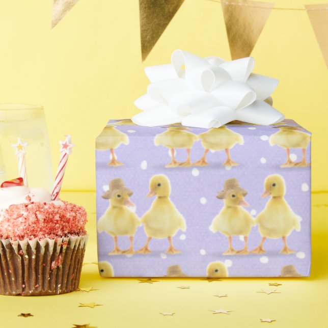 Fuzzy Duckling Couple On Polka Dots Wrapping Paper (Birthday Party)