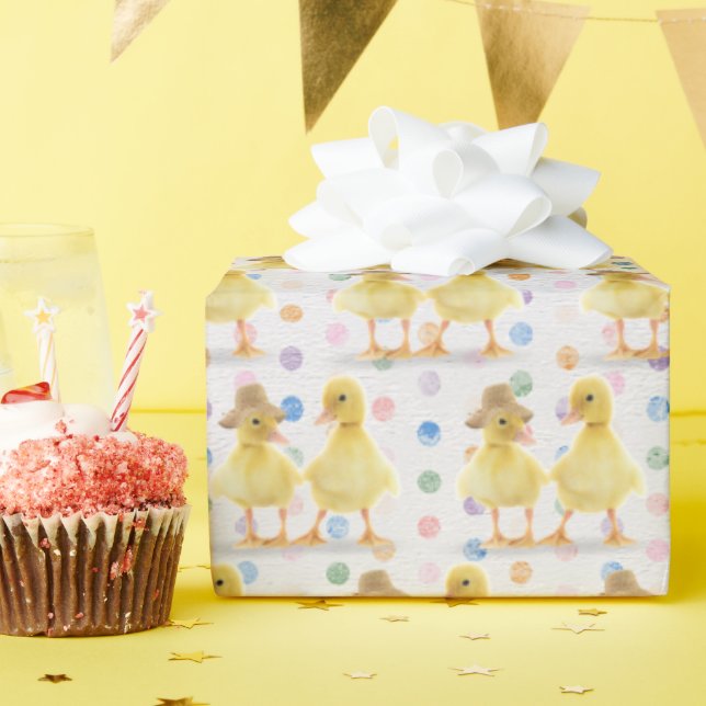 Fuzzy Duckling Couple On Polka Dots Wrapping Paper (Birthday Party)