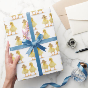 Fuzzy Duckling Couple On White Wrapping Paper