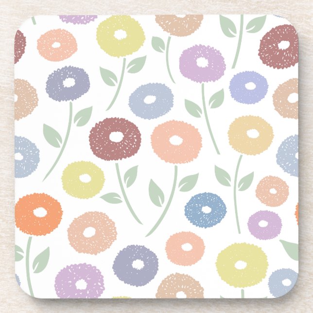 Fuzzy Flower Lg Pattern Pastels on White Beverage Coaster (Front)