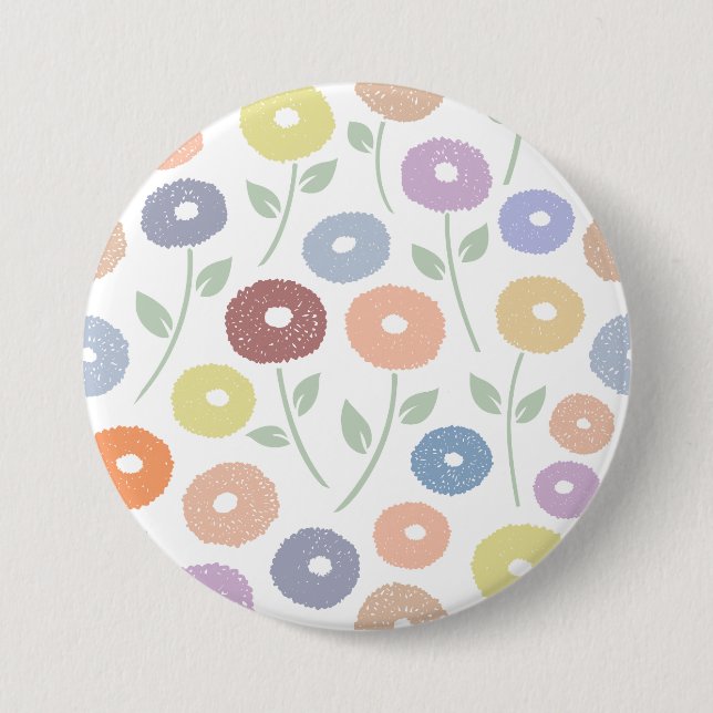 Fuzzy Flower Lg Pattern Pastels on White Button (Front)