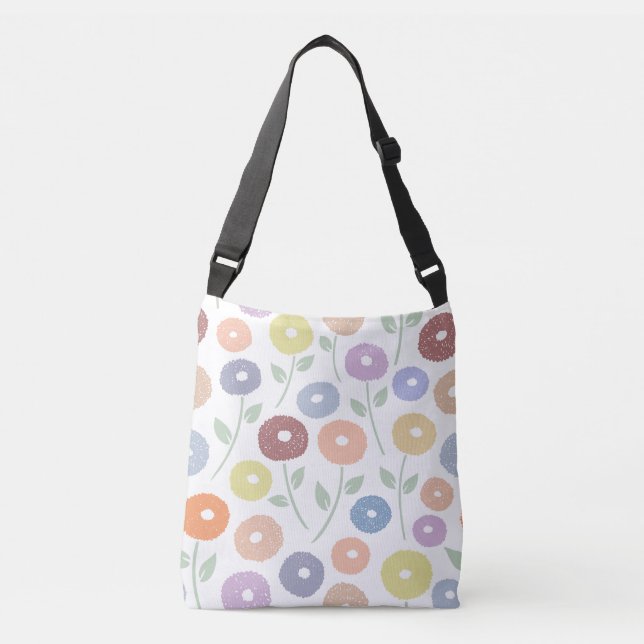 Fuzzy Flower Lg Pattern Pastels on White Crossbody Bag (Front)