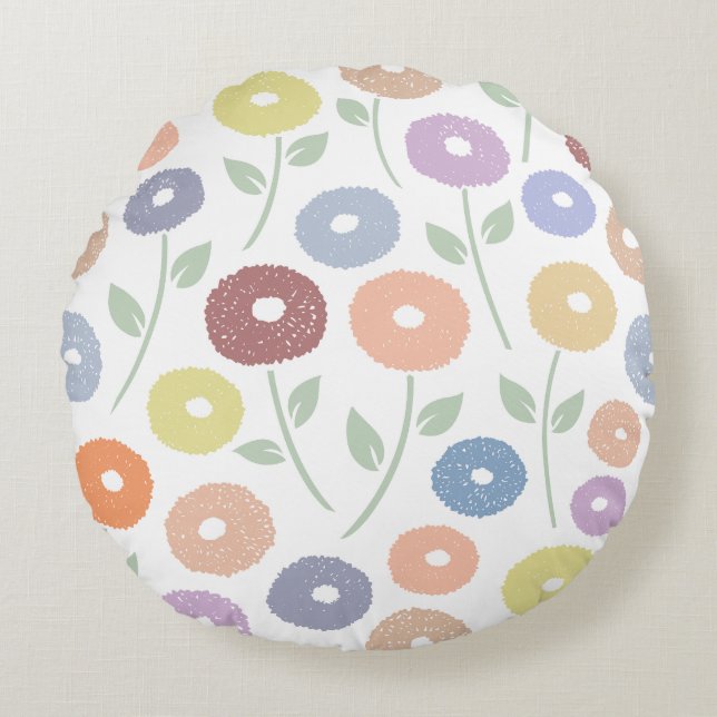 Fuzzy Flower Lg Pattern Pastels on White Round Pillow (Front)