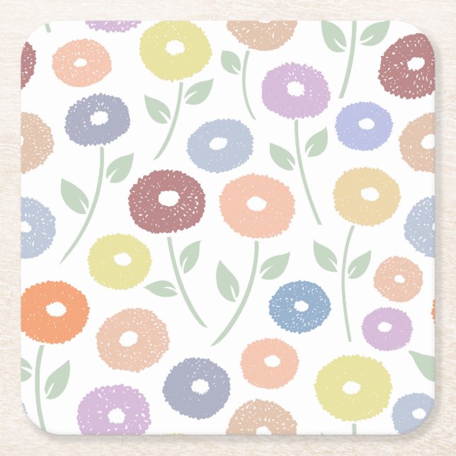 Fuzzy Flower Lg Pattern Pastels on White Square Paper Coaster (Front)
