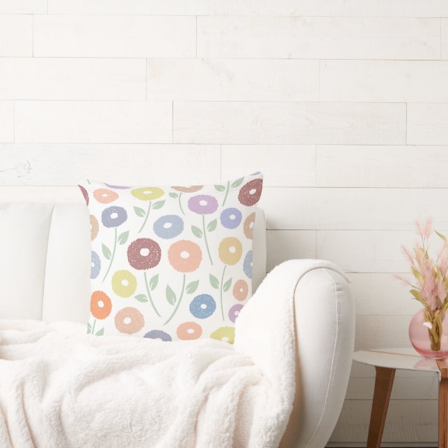 Fuzzy Flower Lg Pattern Pastels on White Throw Pillow (Couch)