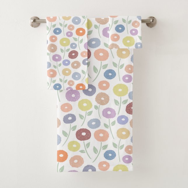 Fuzzy Flower Pattern Pastels on White Bath Towel Set (Insitu)