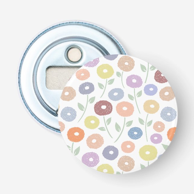 Fuzzy Flower Pattern Pastels on White Bottle Opener (Front)