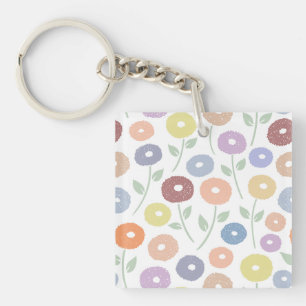 Fuzzy Flower Pattern Pastels on White Keychain