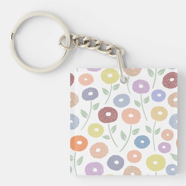 Fuzzy Flower Pattern Pastels on White Keychain (Front)