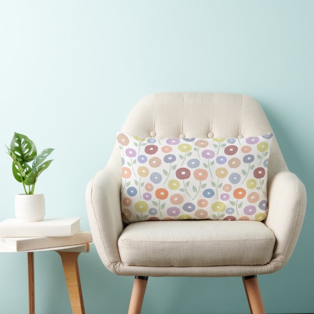 Fuzzy Flower Pattern Pastels on White Lumbar Pillow (Chair)