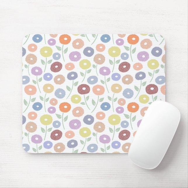 Fuzzy Flower Pattern Pastels on White Mouse Pad (With Mouse)