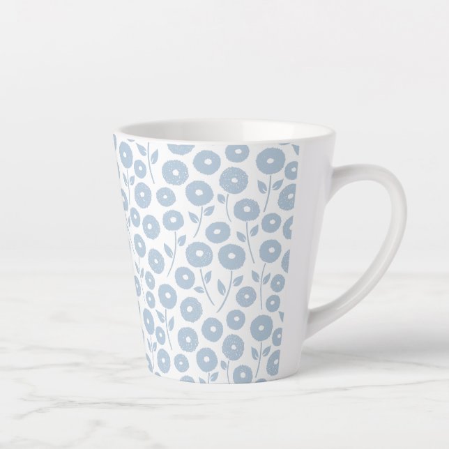 Fuzzy Flower Rpt Pattern Blue on White Latte Mug (Right)