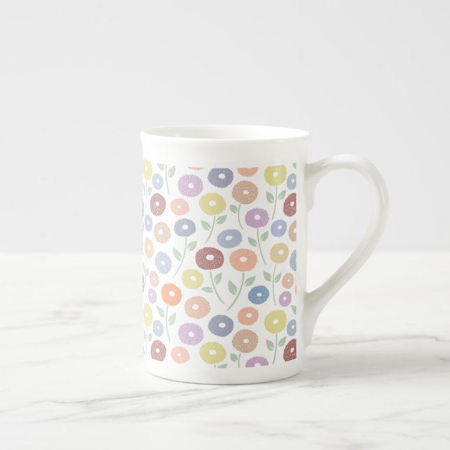 Fuzzy Flower Rpt Pattern Pastels on White Bone China Mug (Right)