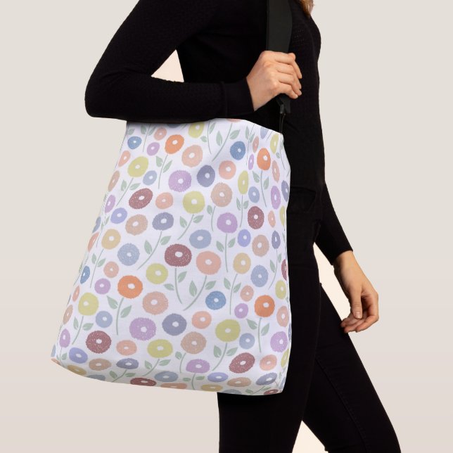 Fuzzy Flower Rpt Pattern Pastels on White Crossbody Bag (Close Up)
