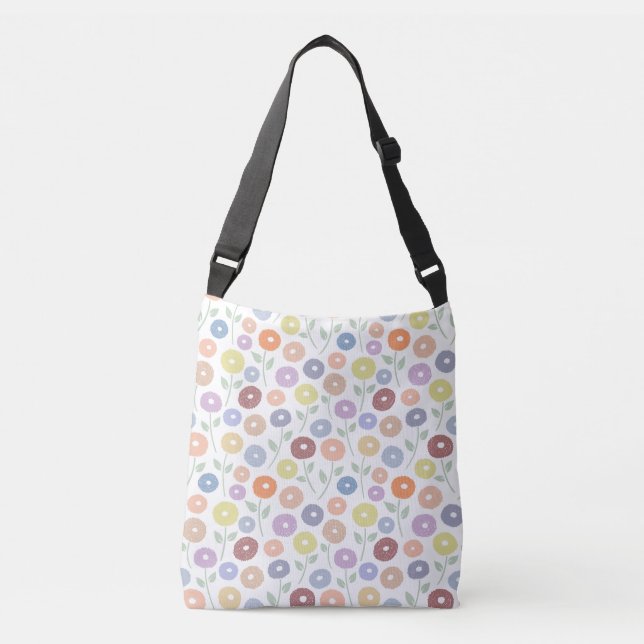 Fuzzy Flower Rpt Pattern Pastels on White Crossbody Bag (Front)
