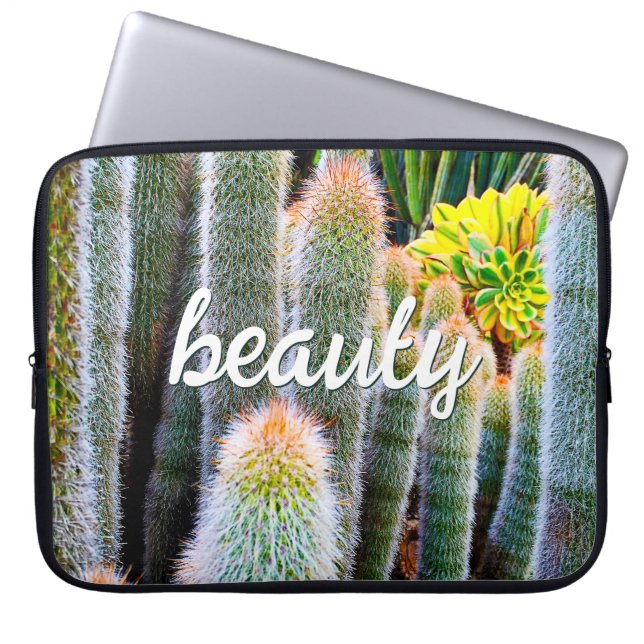 Fuzzy Green Cacti Succulent Photo Beauty Script Laptop Sleeve (Front)
