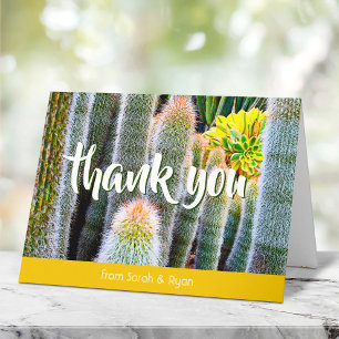 Fuzzy green cacti succulent photo script name bold letterpress thank you card