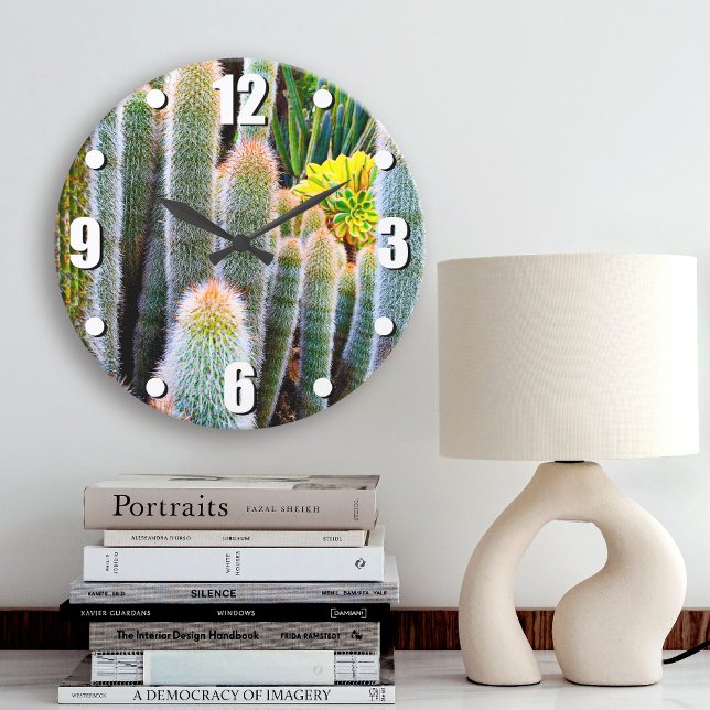 Fuzzy green cacti succulent photography modern large clock (Creator Uploaded)