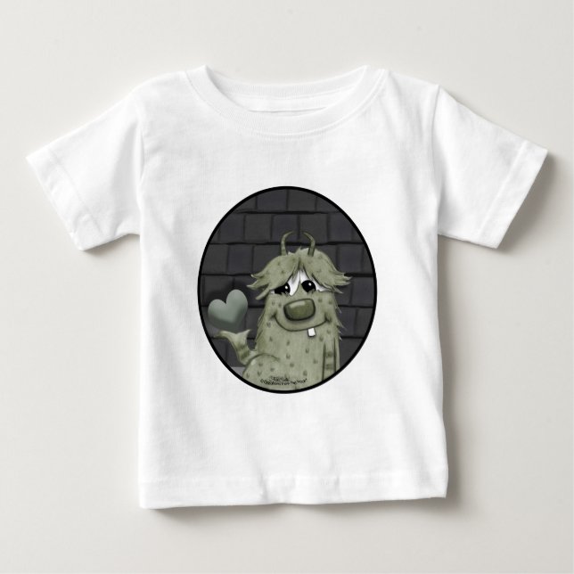 Fuzzy Green Monster with Heart Baby T-Shirt (Front)