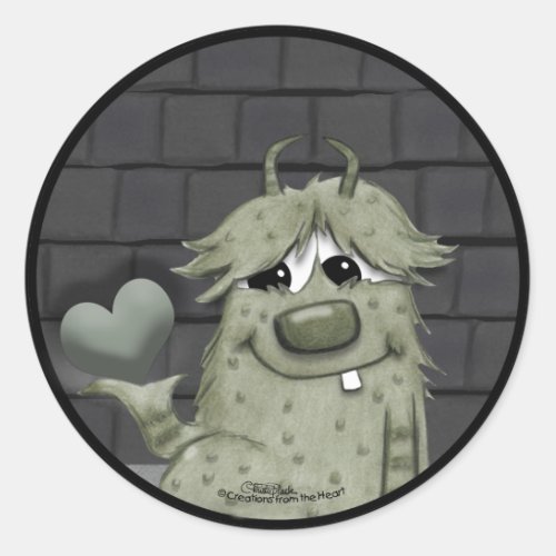 Fuzzy Green Monster with Heart Classic Round Sticker