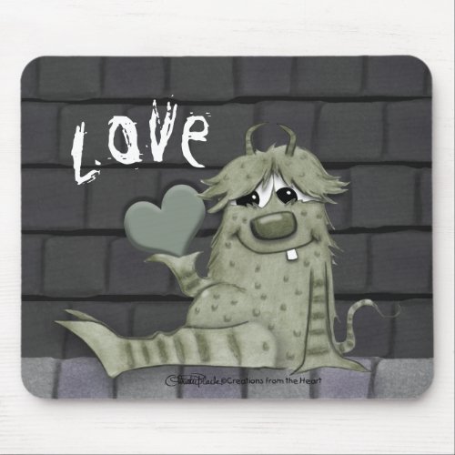 Fuzzy Green Monster with Heart Mouse Pad