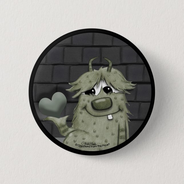 Fuzzy Green Monster with Heart Pinback Button (Front)
