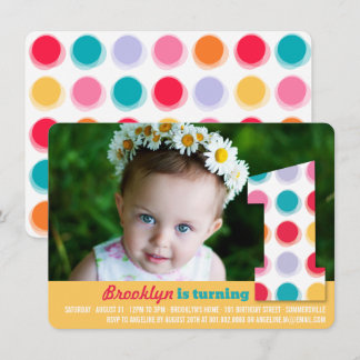 Fuzzy Modern Color Dots 1st Birthday Party Photo Invitation