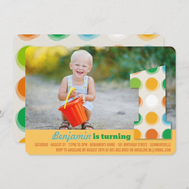 Fuzzy Modern Color Dots 1st Birthday Party Photo Invitation (Front/Back)
