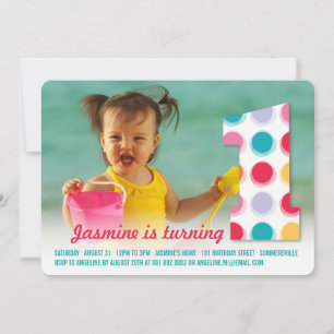 Fuzzy Modern Color Dots 1st Birthday Party Photo Invitation