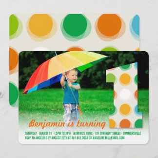 Fuzzy Modern Color Dots 1st Birthday Party Photo Invitation