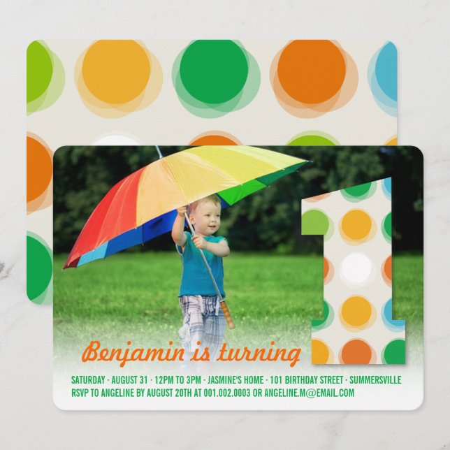 Fuzzy Modern Color Dots 1st Birthday Party Photo Invitation (Front/Back)
