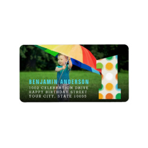 Fuzzy Modern Color Dots 1st Birthday Party Photo Label