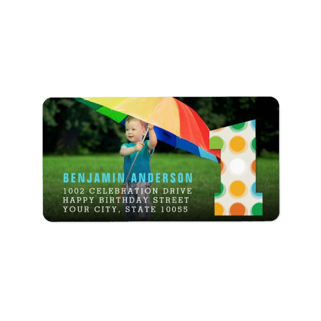 Fuzzy Modern Color Dots 1st Birthday Party Photo Label (Front)