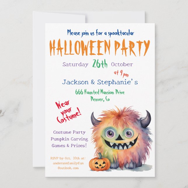 Fuzzy Monster Halloween Costume Party Invitation (Front)
