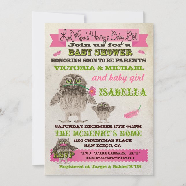 Fuzzy Owl Girl Baby Shower Party Invitations (Front)