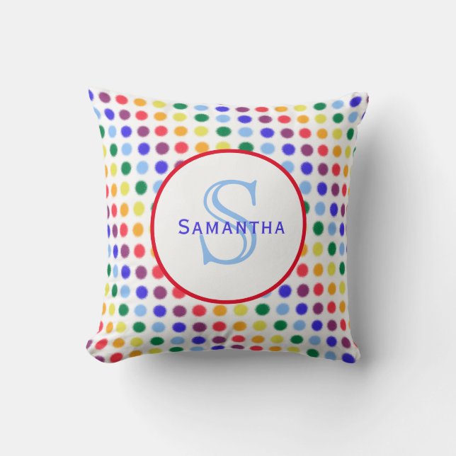 Fuzzy Rainbow Polka Dots Personalized Monogram Throw Pillow (Front)