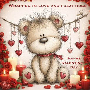 Fuzzy Valentine Bear with Hanging Hearts Holiday Card