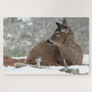 Fuzzy White Tailed Deer Fawn resting in snow Jigsaw Puzzle