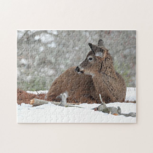 Fuzzy White Tailed Deer Fawn resting in snow  Jigsaw Puzzle (Horizontal)