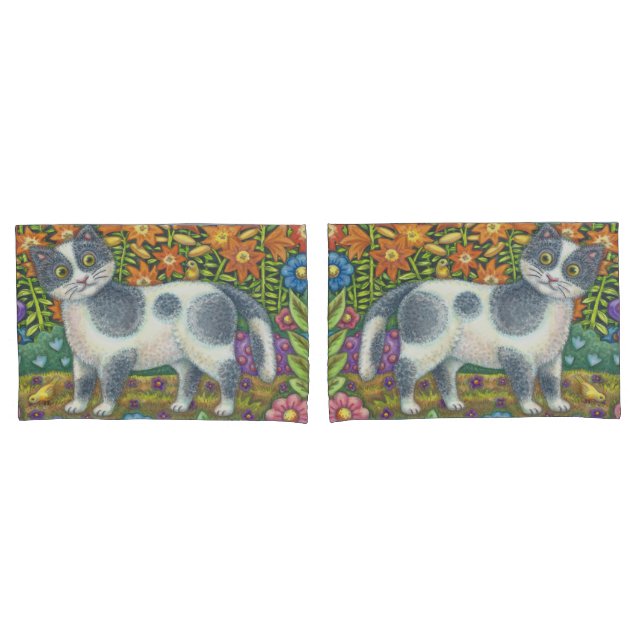 Fuzzy Wuzzy Kitten FOLK ART CAT PILLOWCASES Set (Front-Set)