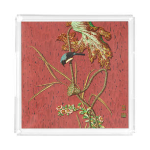G.A. Audsley Vintage Red Japanese Bird Lotus Art Acrylic Tray