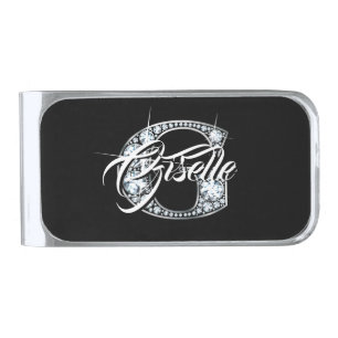 G Faux Diamond Bling Monogram Silver Finish Money Clip