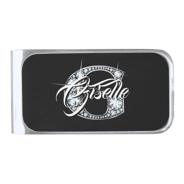G Faux Diamond Bling Monogram Silver Finish Money Clip (Front)