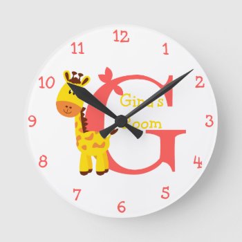 G Is For Giraffe And Gina-child's Bedroom Round Clock by KaleenaRae at Zazzle